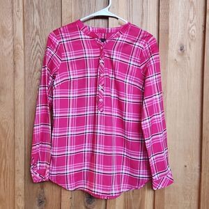 Talbots Long Sleeve 100% Cotton Button Top Casual Shirt, Pink & White Plaid